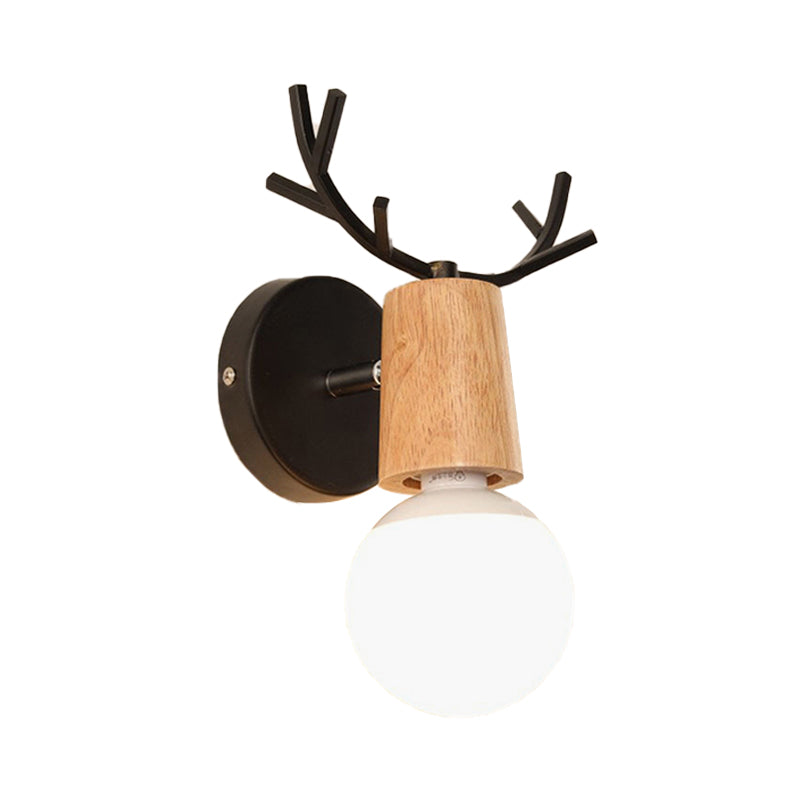 1 Light Bare Bulb Sconce Lamp Modern Style Black/White Finish Metal and Wood Wall Lighting with Deer Horn