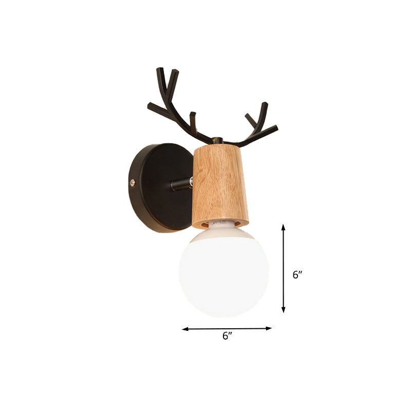 1 Light Bare Bulb Sconce Lamp Modern Style Black/White Finish Metal and Wood Wall Lighting with Deer Horn