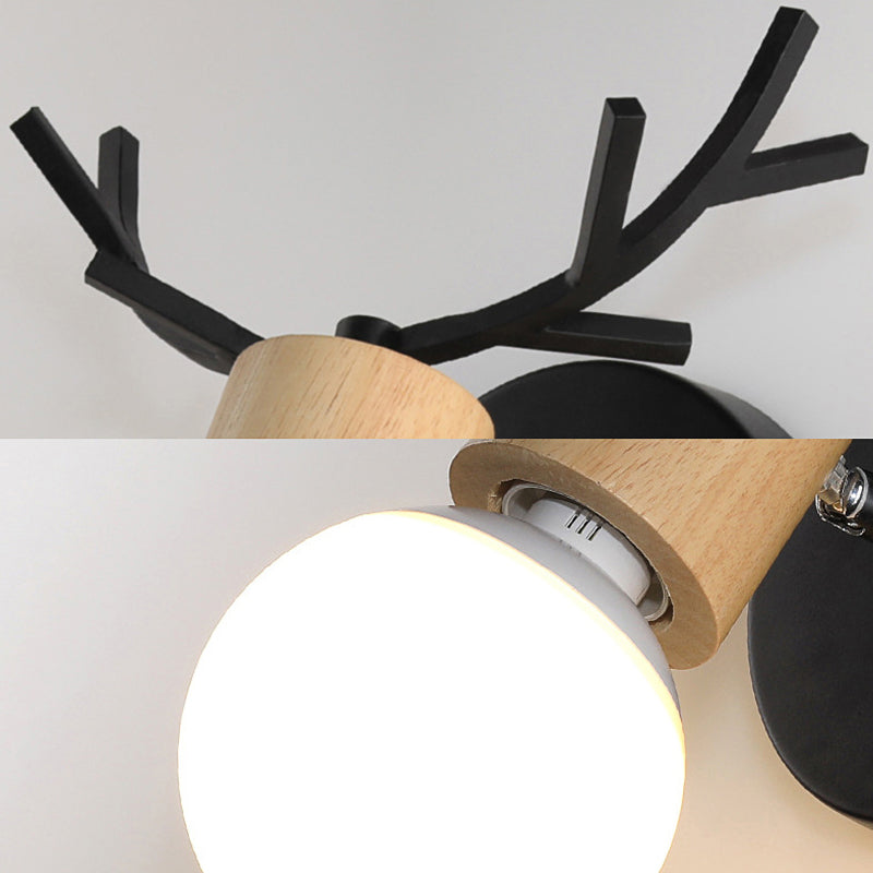 1 Light Bare Bulb Sconce Lamp Modern Style Black/White Finish Metal and Wood Wall Lighting with Deer Horn