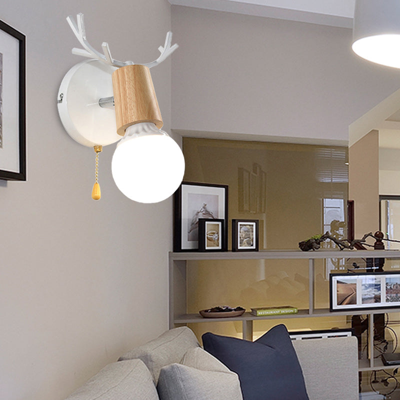 1 Light Bare Bulb Sconce Lamp Modern Style Black/White Finish Metal and Wood Wall Lighting with Deer Horn