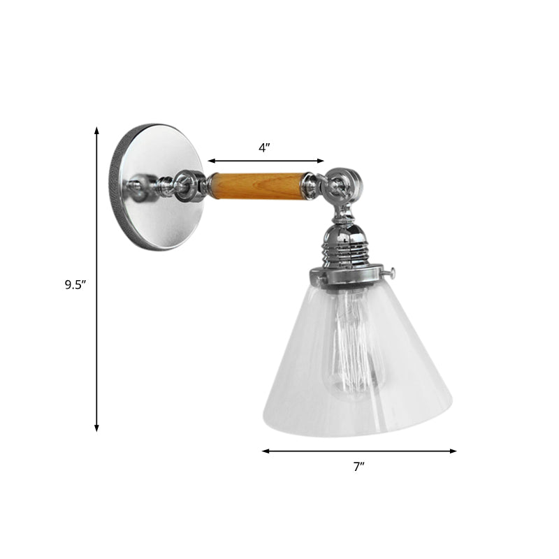 Cone Clear Glass Wall Mounted Lamp Industrial Single Bulb Dining Room Sconce Light, 8"/4"/14"