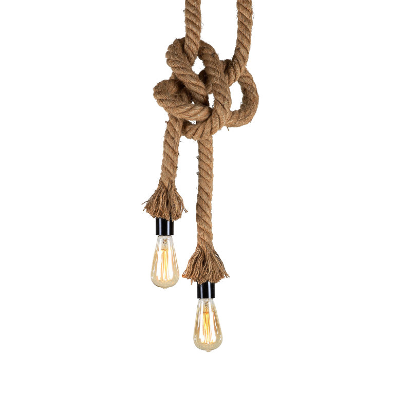 Light Brown 2 Heads Ceiling Pendant Light Vintage Style Rope Open Bulb Hanging Lighting for Bar