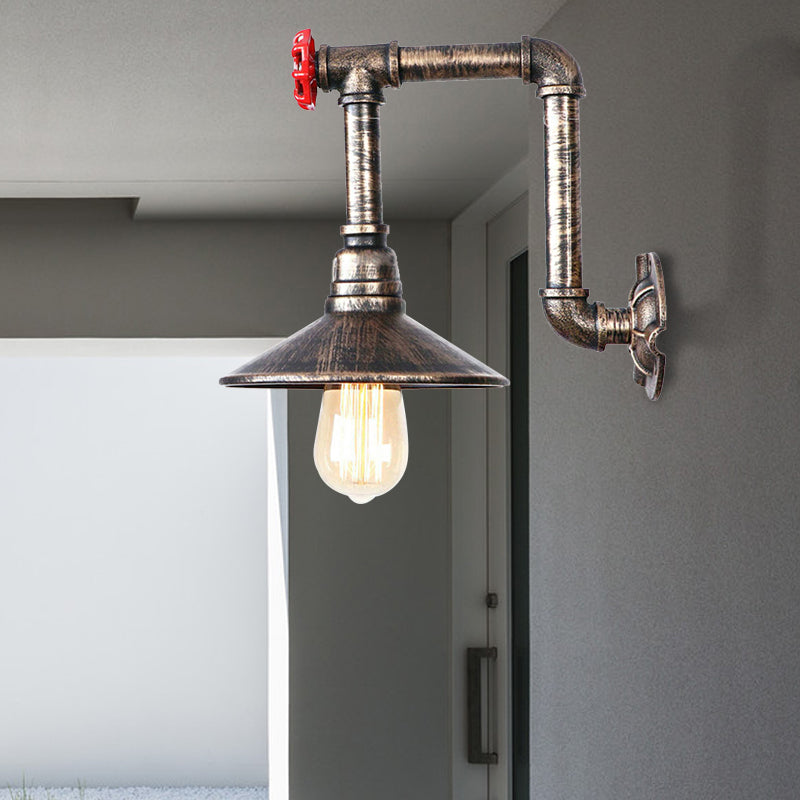 Metallic Saucer Wall Lamp Fixture Warehouse 1 Bulb Corridor Wall Mount Light with Red Valve and Pipe in Antique Bronze