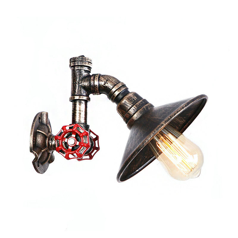Metallic Flared Shade Wall Sconce Lighting with Pipe and Valve Rustic 1 Light Corridor Wall Lamp in Aged Bronze