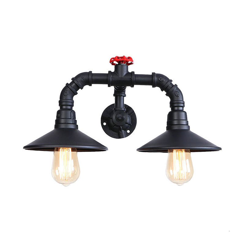 Black Plumbing Pipe Wall Lighting with Red Valve Rustic Industrial Metallic 2 Light Stairway Wall Sconce Light