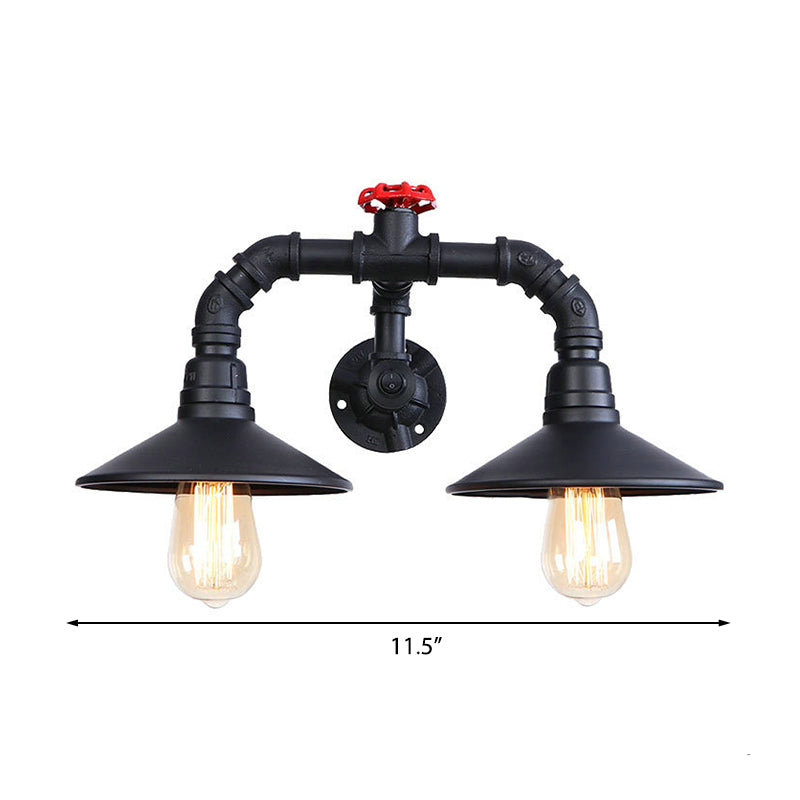 Black Plumbing Pipe Wall Lighting with Red Valve Rustic Industrial Metallic 2 Light Stairway Wall Sconce Light