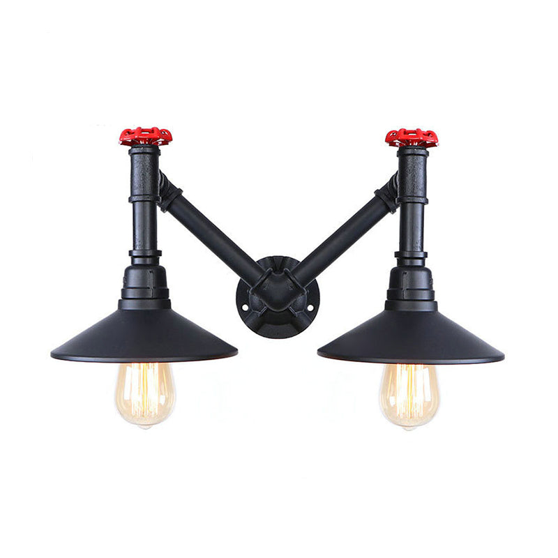 Black 2 Heads Wall Lamp Fixture Warehouse Style Metal Saucer Shade Wall Sconce Light with Pipe and Valve