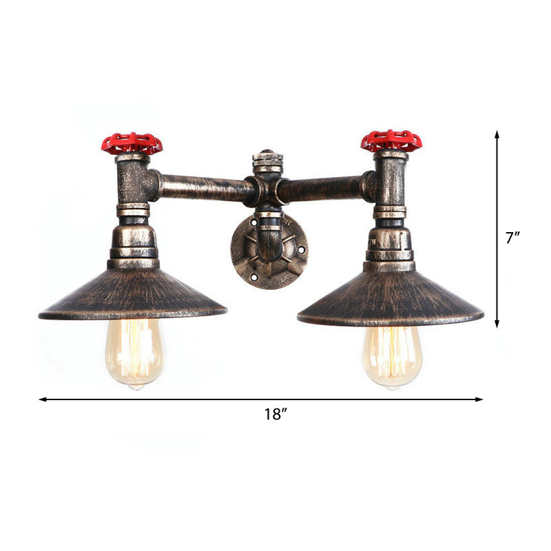 Weathered Bronze 2 Bulbs Wall Mount Light Steampunk Wrought Iron Cone Shade Wall Sconce with Red Valve