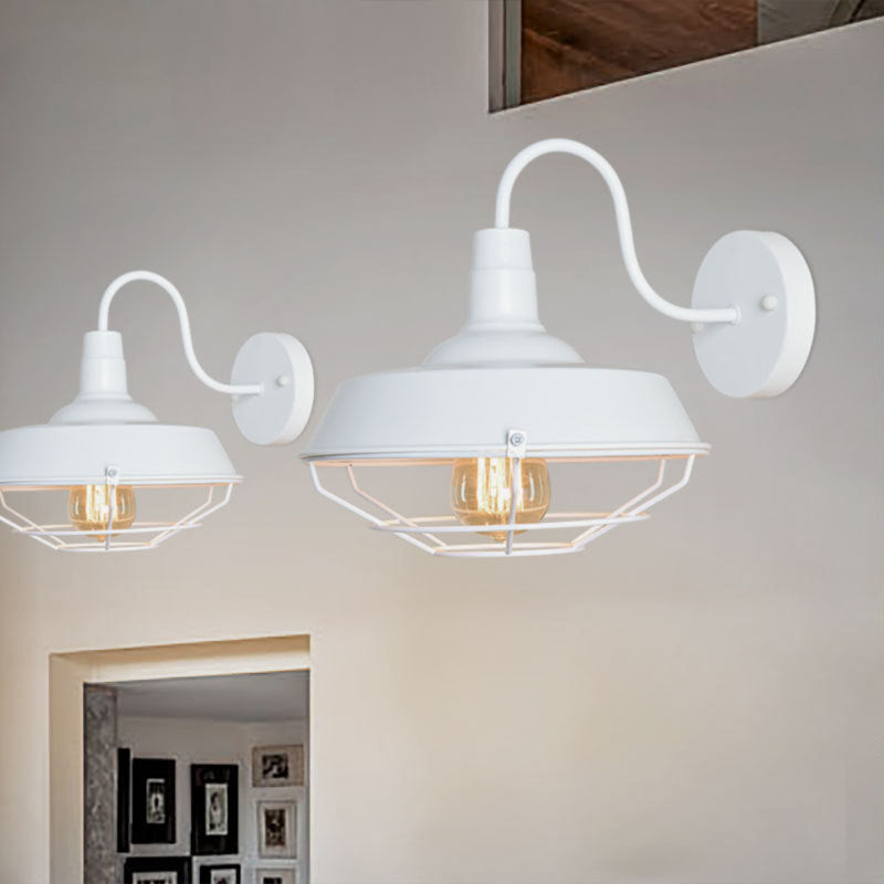 10"/14" W 1 Head Caged Sconce Light with Barn Shade and Gooseneck Arm Iron Restaurant Wall Mount Light in Black/White