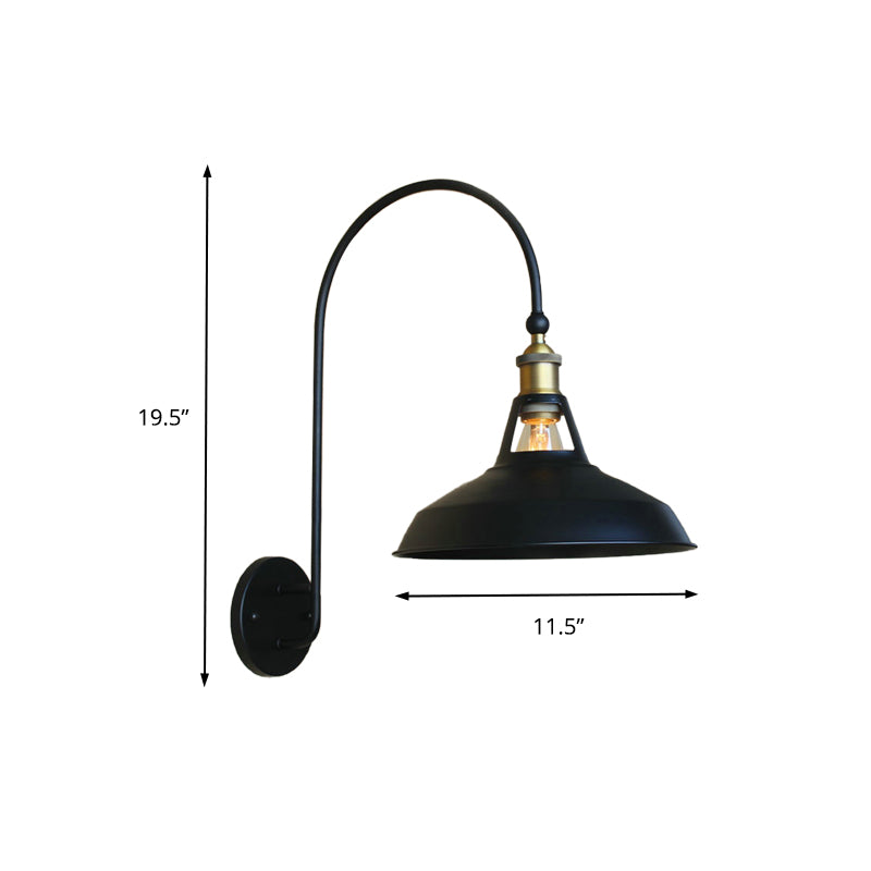 Granero de estilo retro/luz de pared de sombra cónica 10 "/14" W 1 Ligera de iluminación metálica metálica con brazo arqueado en negro