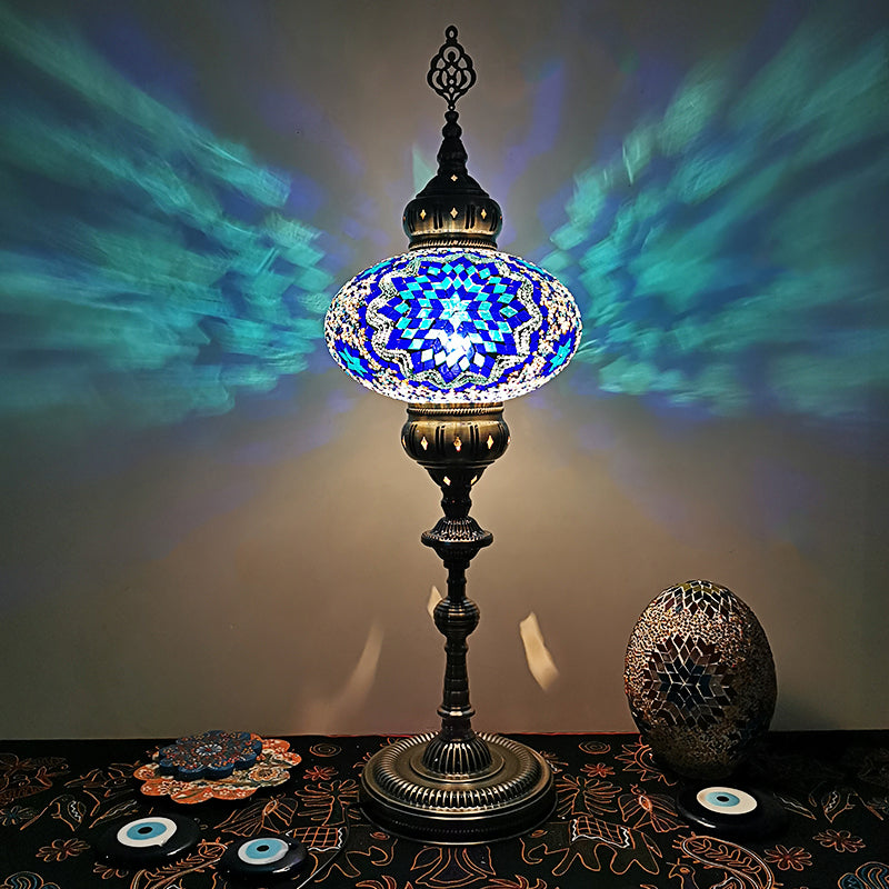 Elliptical Bedside Floor Lamp Traditional Stained Glass 1 Head White/Beige/Red Standing Light