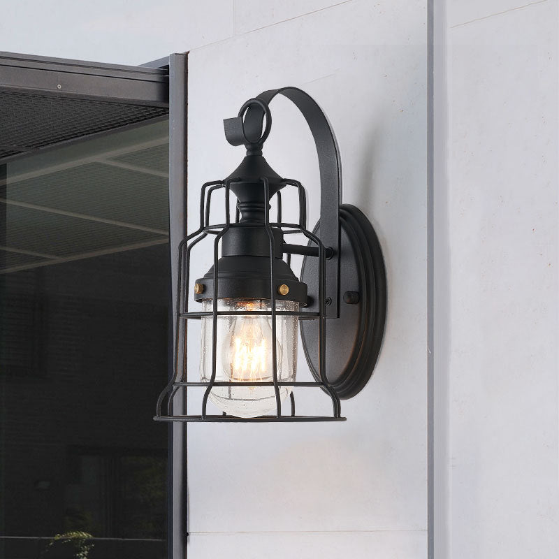 1 Light Bell Shade Sconce Light Industrial Black Seedy Glass Wall Lamp for Corridor with Metal Cage Frame