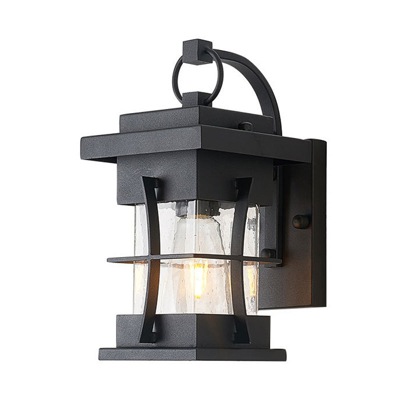 Clear Glass Black Sconce Light Square/Rectangle 1-Light Coastal Wall Lamp Fixture with Iron Cage