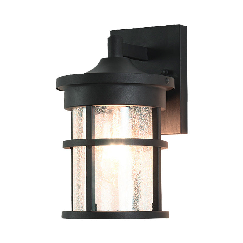 Cylinder Outdoor Wall Light Fixture Vintage Crackle Glass 1 Light Black Sconce Lamp, 6"/8" Wide