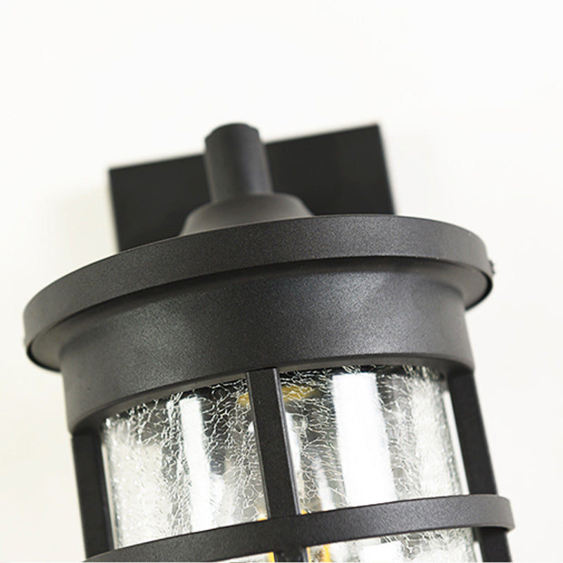 Cylinder Outdoor Wall Light Fixture Vintage Crackle Glass 1 Light Black Sconce Lamp, 6"/8" Wide