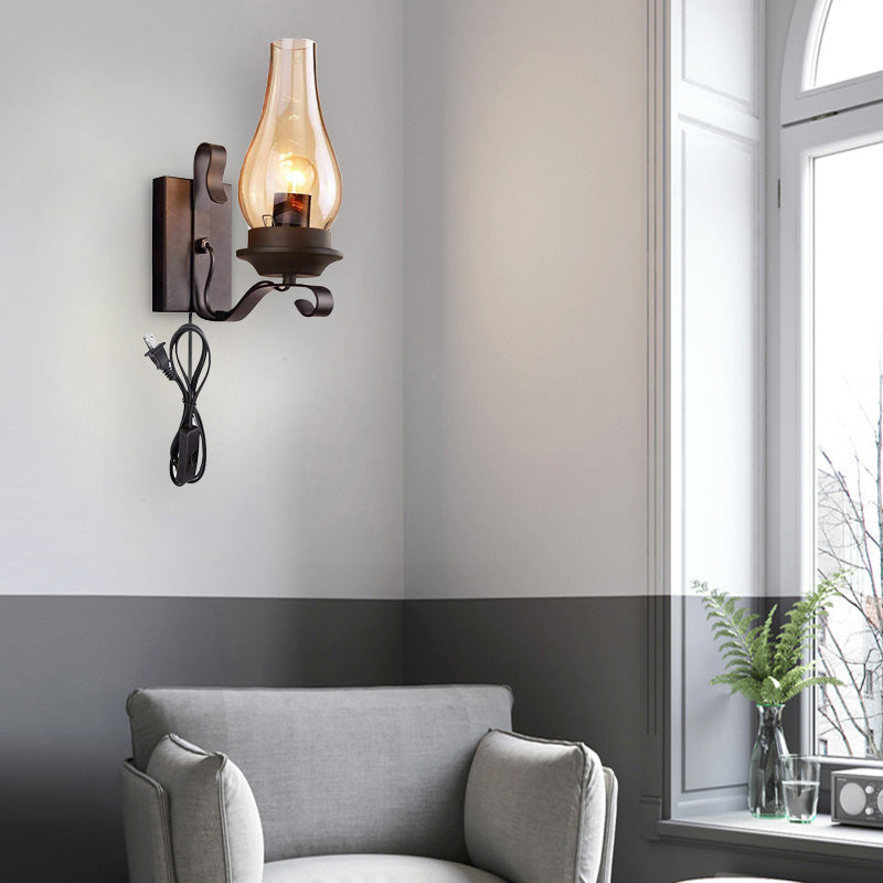 1 illuminazione in vetro cognac industriale nero con pale di candele leggera in nero con cavo plug-in