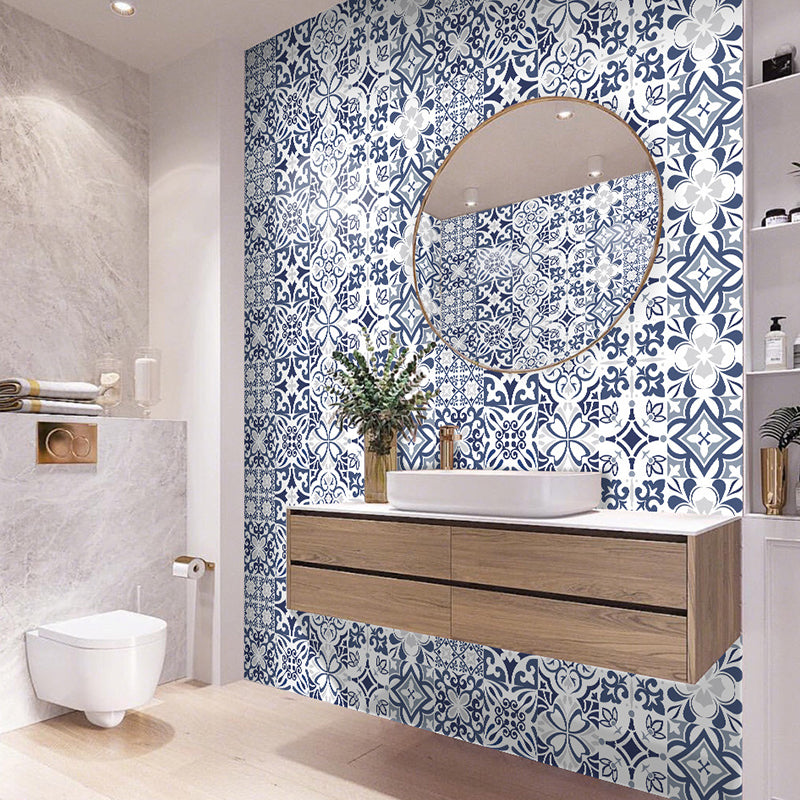 Bohemia Floral-Print Adhesive Wallpaper Blue Symmetric Pattern Wall Art for Living Room