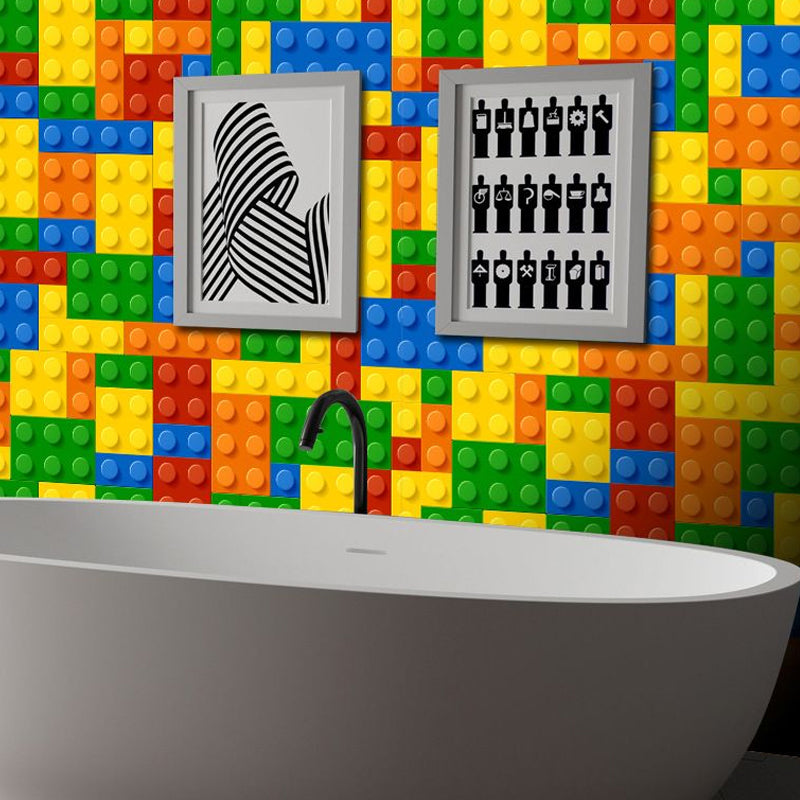 Novelty Kids Wallpaper Panel with Building Blocks Pattern Multicolored Wall Covering, Stick On