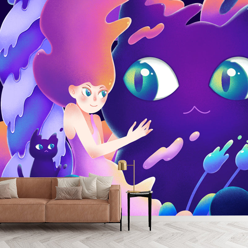 Little Girl and Cat Mural Wallpaper Purple Childrens Art Wall Decoration for Bedroom