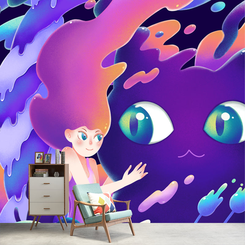 Little Girl and Cat Mural Wallpaper Purple Childrens Art Wall Decoration for Bedroom