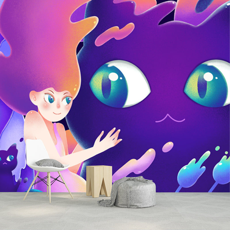 Little Girl and Cat Mural Wallpaper Purple Childrens Art Wall Decoration for Bedroom