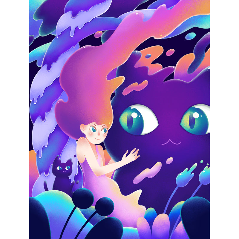 Little Girl and Cat Mural Wallpaper Purple Childrens Art Wall Decoration for Bedroom