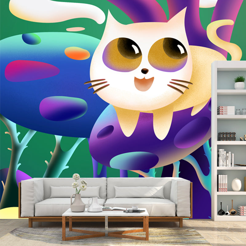 Kids Cat in Wilds Mural for Baby Room Custom Wall Art in Purple, Stain Resistant