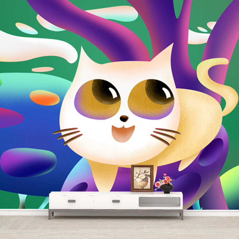 Kids Cat in Wilds Mural for Baby Room Custom Wall Art in Purple, Stain Resistant