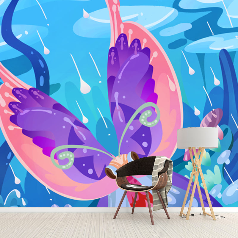 Blue Raining Meadow Wall Mural Butterfly Kids Waterproofing Wall Decor for Bedroom