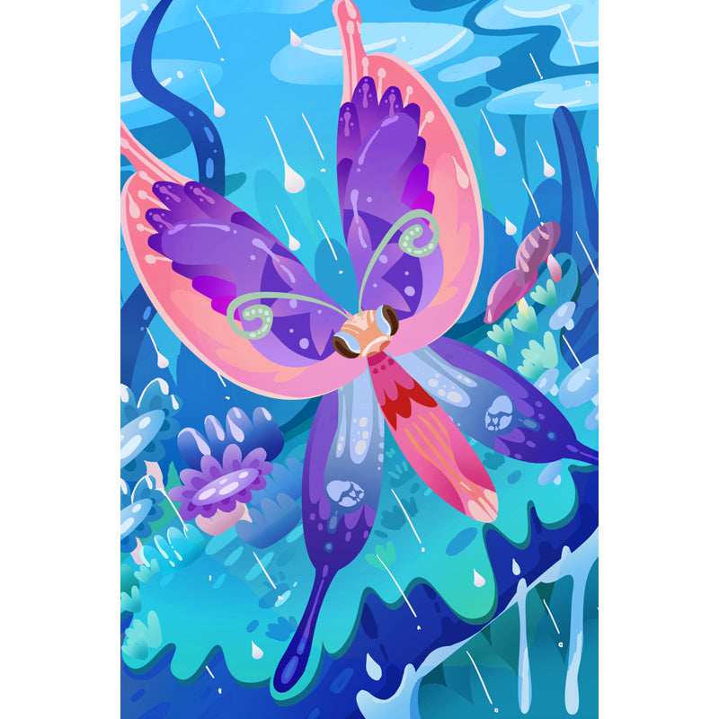 Blue Raining Meadow Wall Mural Butterfly Kids Waterproofing Wall Decor for Bedroom