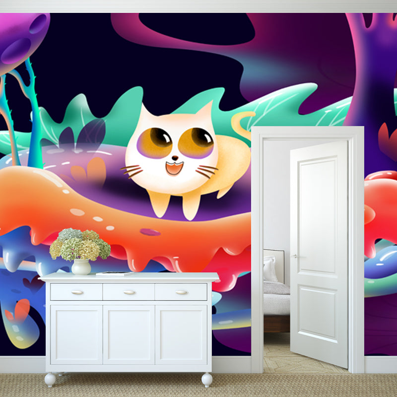 Big Childrens Art Mural Purple Cat Playing in Forest Wall Covering, Made to Measure