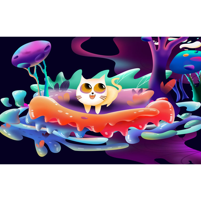 Big Childrens Art Mural Purple Cat Playing in Forest Wall Covering, Made to Measure