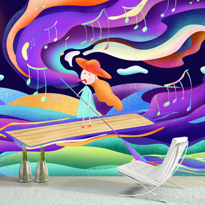 Purple Kids Wall Paper Mural Full Size Girl Singing in Boat at Night Wall Art for Bedroom