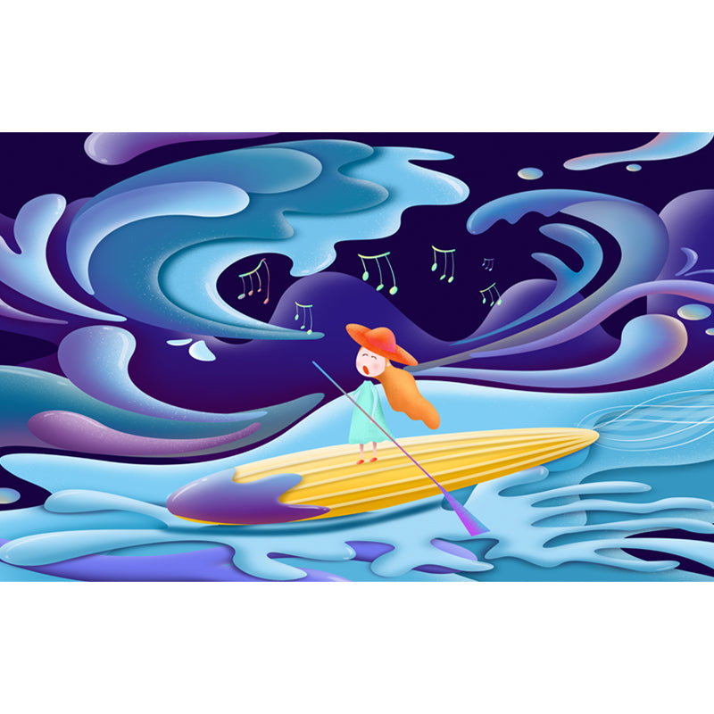 Custom Illustration Childrens Art Mural with Singing Girl Paddling Boat Pattern in Blue
