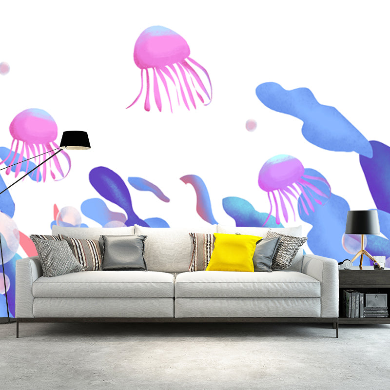 Kids Seaweed and Jellyfish Mural for Bedroom Personalized Wall Decor in Blue-Purple on White