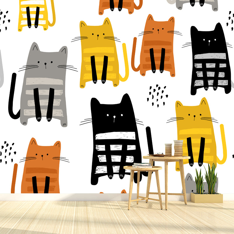 Kids Kitty Wall Paper Mural White Moisture Resistant Wall Art for Nursery, Custom Size