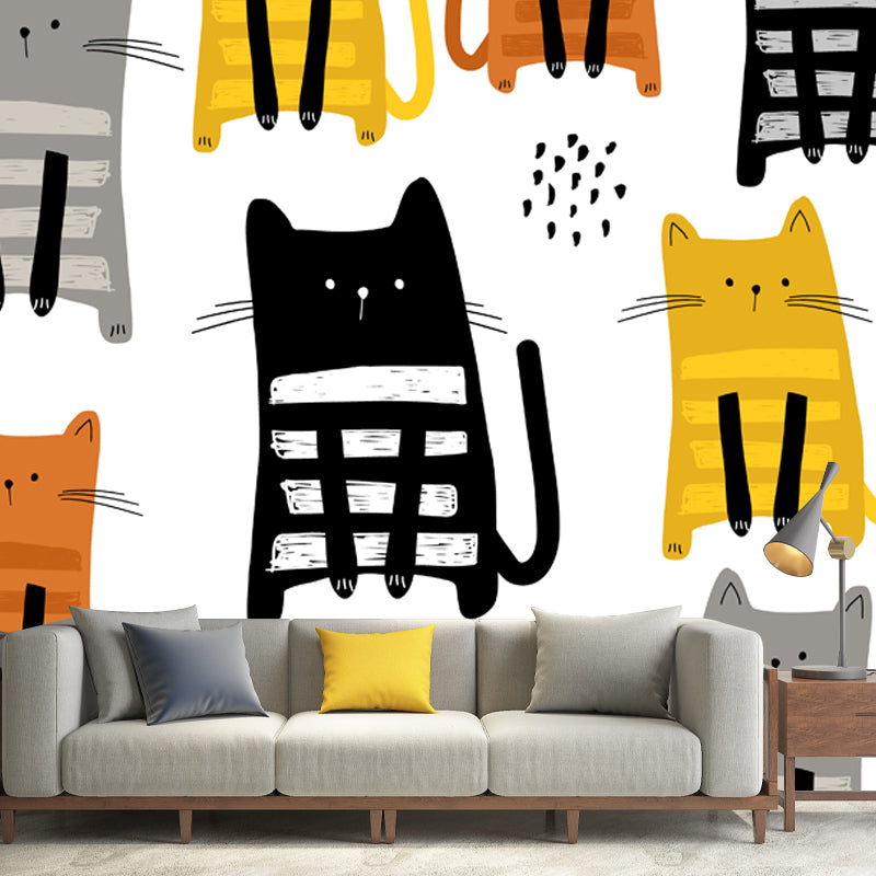 Kids Kitty Wall Paper Mural White Moisture Resistant Wall Art for Nursery, Custom Size