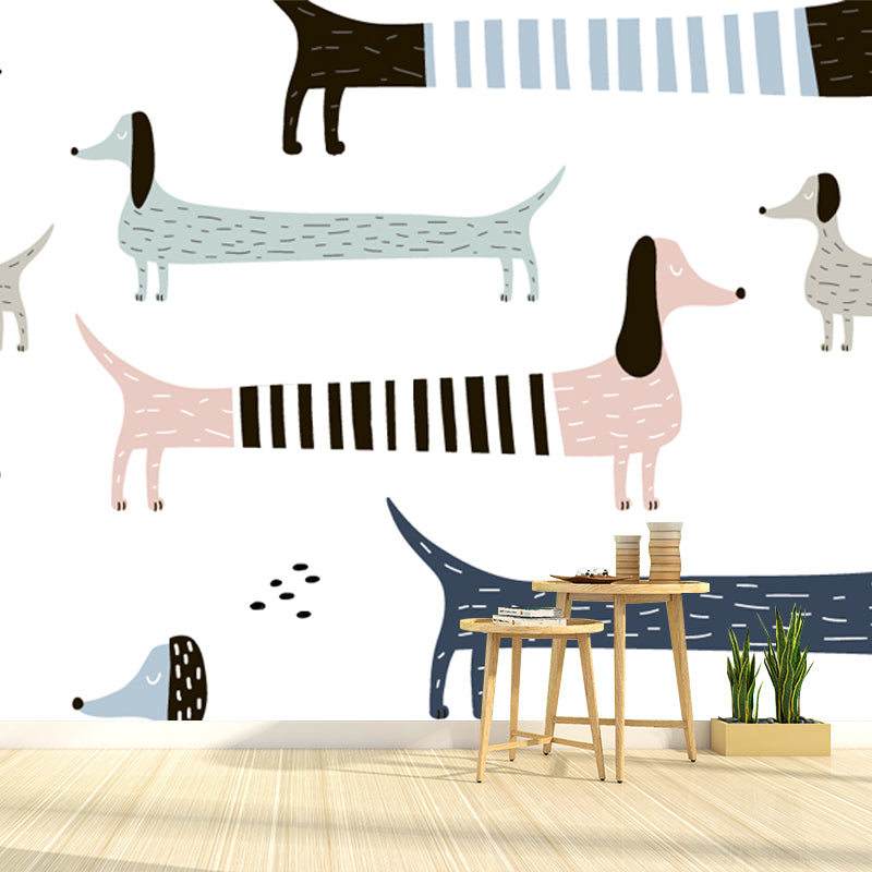 Pink-Blue Dog Mural Wallpaper Animal Pattern Kids Stain Resistant Wall Covering for Home