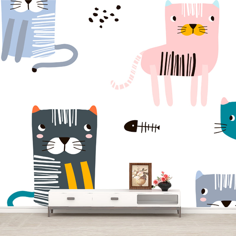 Cat with Fish Bone Mural Childrens Art Washable Bedroom Wall Decoration, Custom Made