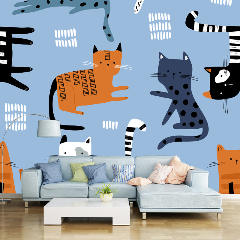 Large Cat Wall Covering Mural Blue Non-Woven Fabric Wall Art, Stain-Proof, Optional Size