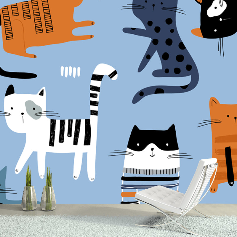 Large Cat Wall Covering Mural Blue Non-Woven Fabric Wall Art, Stain-Proof, Optional Size