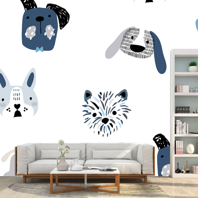 Cartoon Dog Head Wall Mural in Blue on White Waterproofing Wall Decor for Nursery