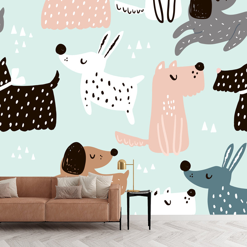 Illustration Puppy Mural Wallpaper for Childrens Bedroom, Light Green, Made to Measure