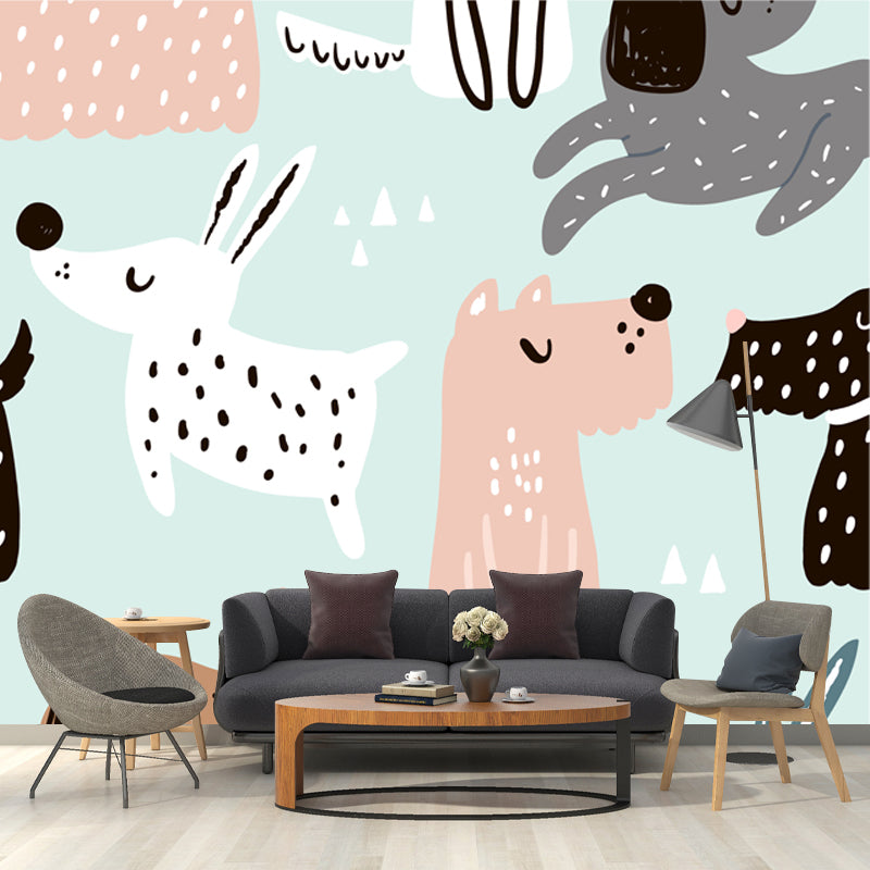 Illustration Puppy Mural Wallpaper for Childrens Bedroom, Light Green, Made to Measure
