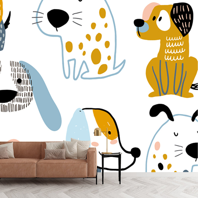 Blue-Orange Dog Wall Mural on White Waterproofing Cartoon Kids Bedroom Wall Decor