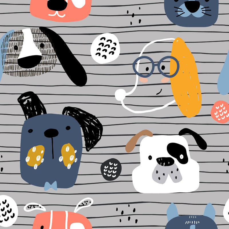 Whole Cartoon Wallpaper Mural Grey Dog Head on Stripe Background Wall Art, Size Optional