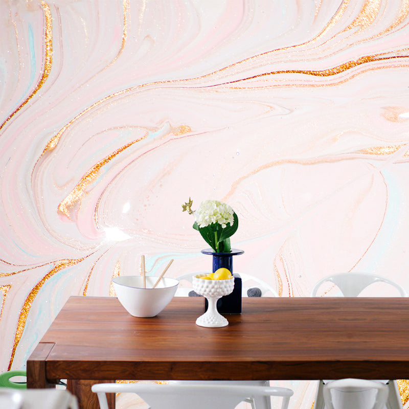 Illustration Water Flow Look Mural Full Size Wall Decoration for Bedroom, Custom Print, Pink