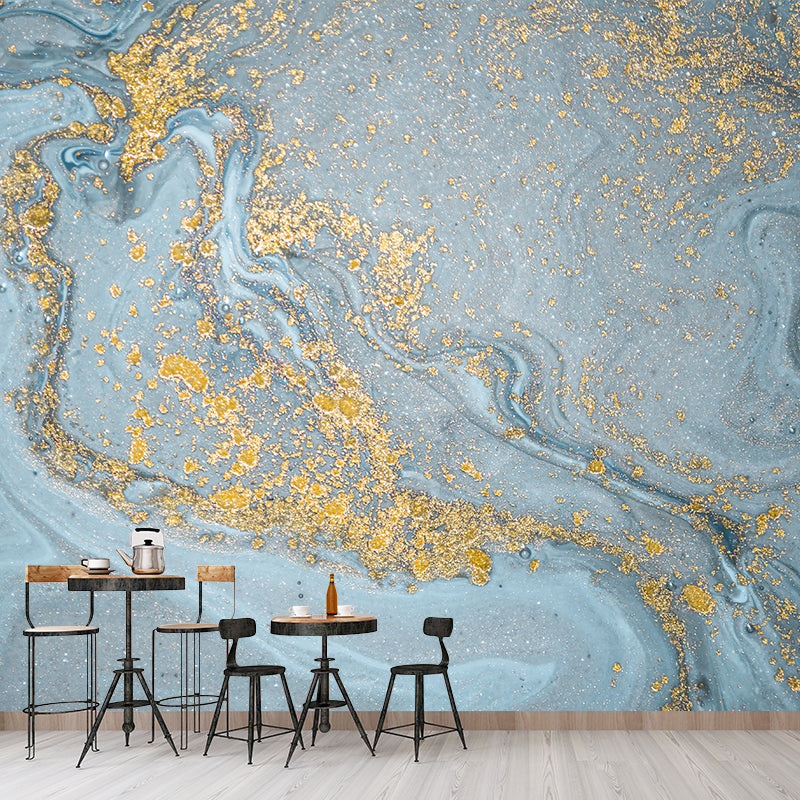 Wave with Shattered Sequins Mural Contemporary Smooth Wall Covering in Blue and Gold