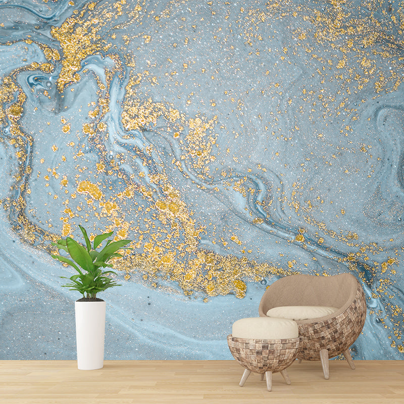 Wave with Shattered Sequins Mural Contemporary Smooth Wall Covering in Blue and Gold
