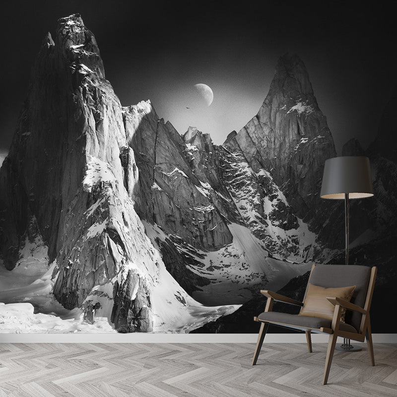 Moon Above Snow Mountain Mural Black-Grey-White Contemporary Wall Art for Living Room
